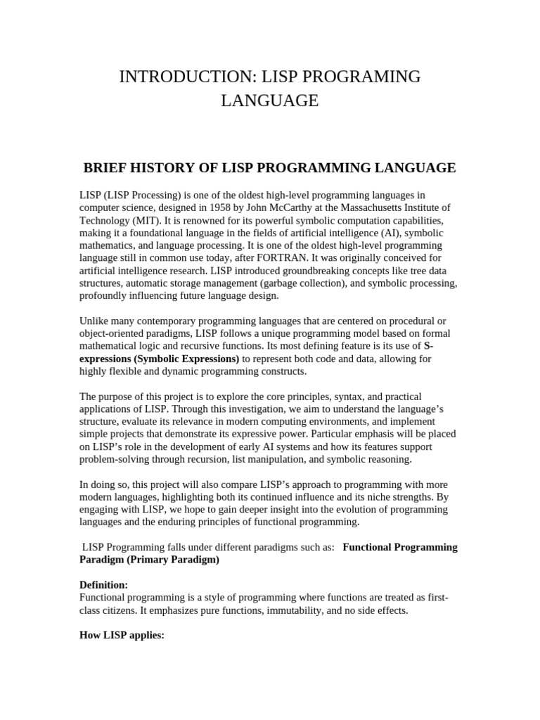 LISP Programming Overview and Applications | PDF | Programming ...