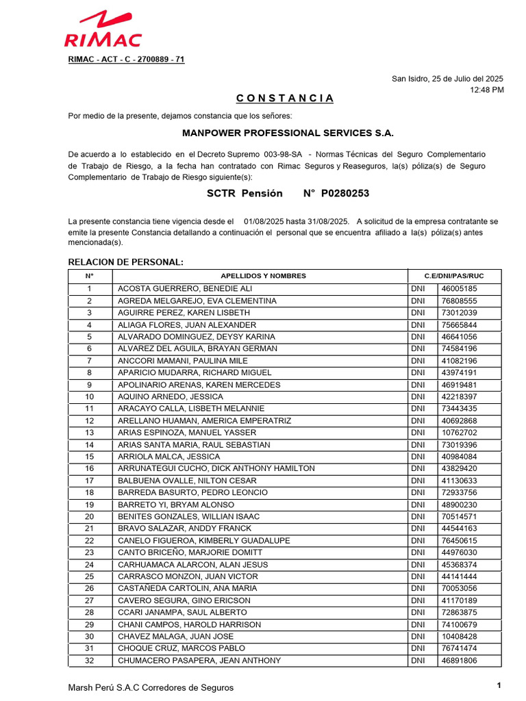 Constancia de Seguro de Trabajo SCTR | PDF | Riesgo financiero | Seguro