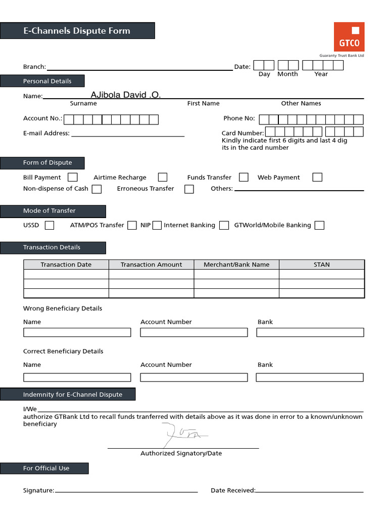 GTBank E-Channels Dispute Form Guide | PDF