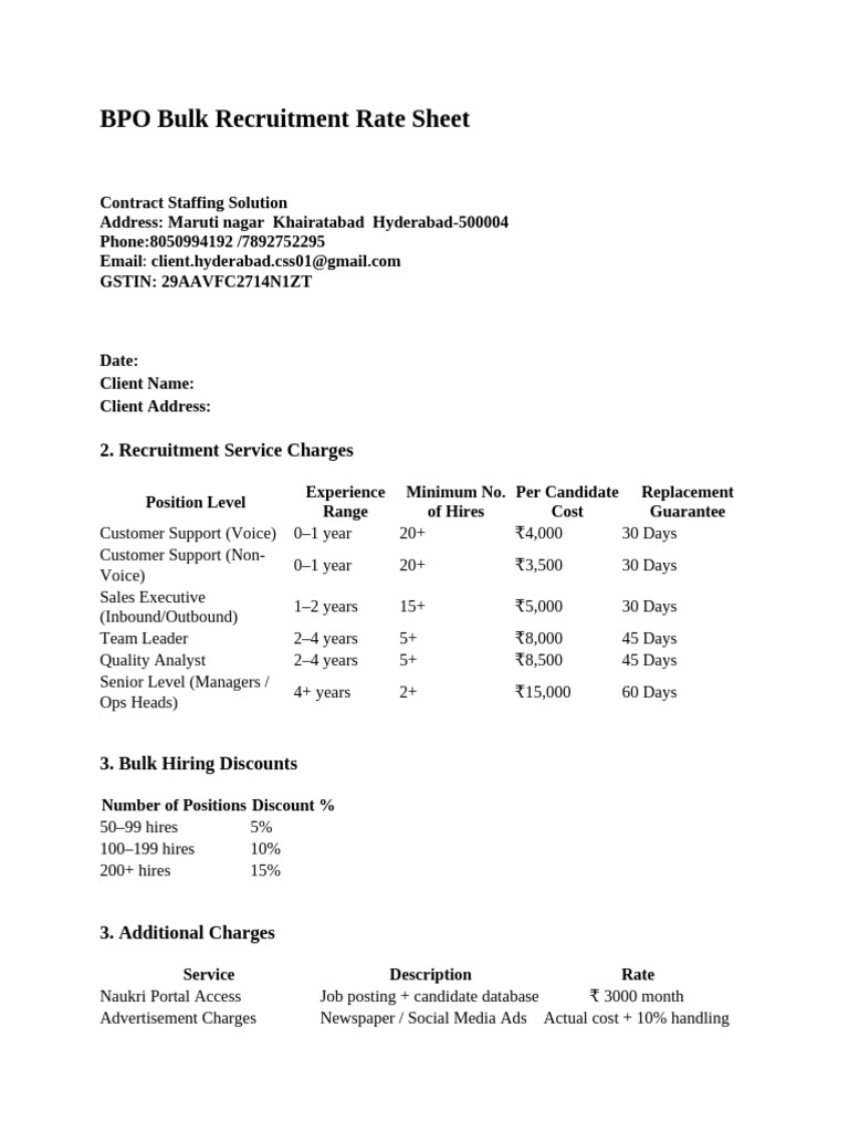 BPO and Software Recruitment Rate Sheet | PDF | Recruitment | Fee