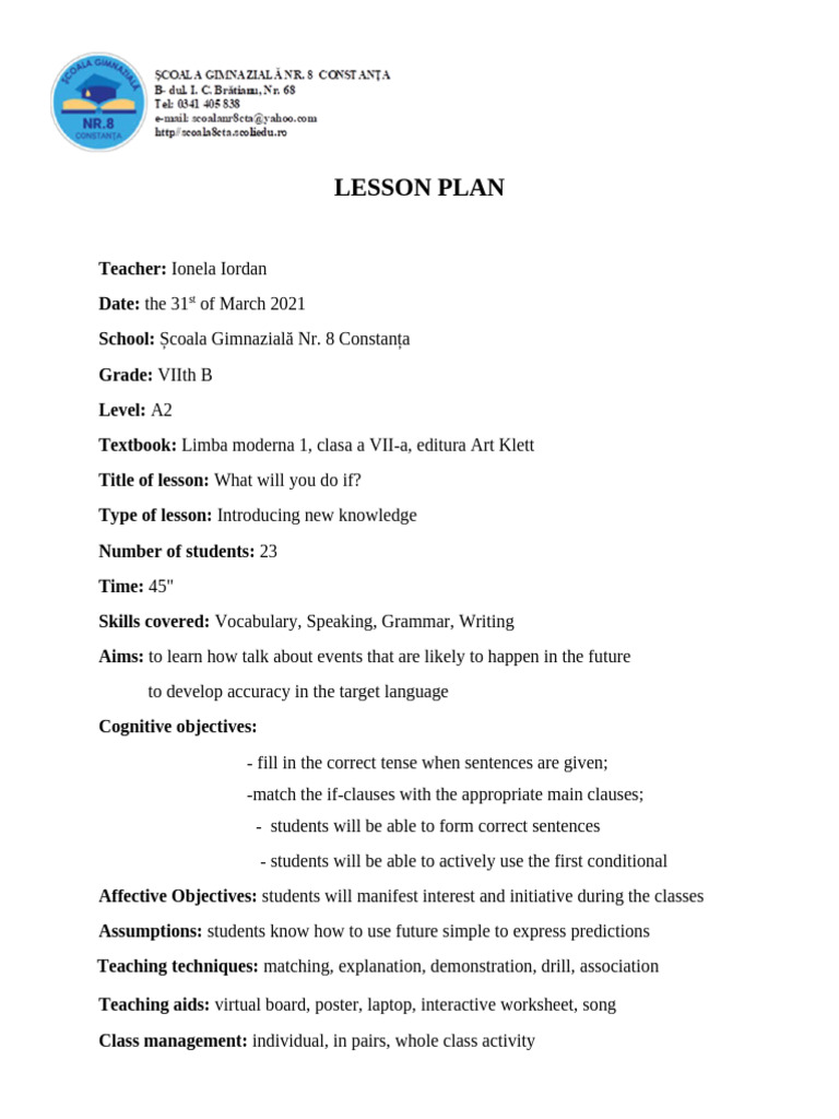 First Conditional Lesson Plan for A2 Students | PDF | Teachers ...