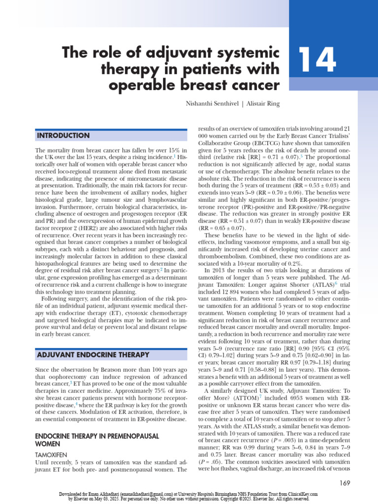 The Role of Adjuvant Systemic Therapy in Patients With Operable Breast ...