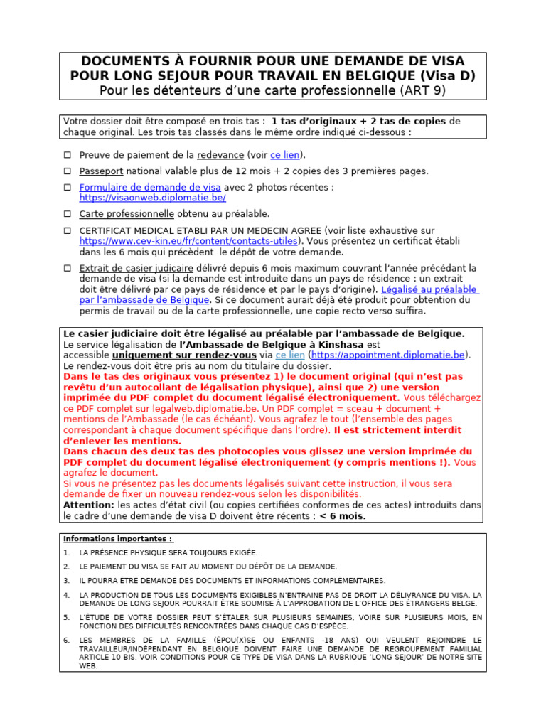Documents requis pour visa D Belgique | PDF | Visa (Document)