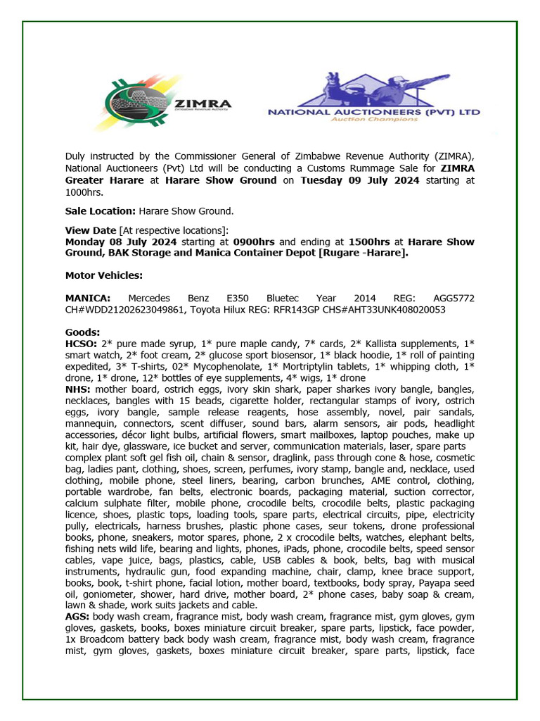 ZIMRA Customs Rummage Sale Details | PDF