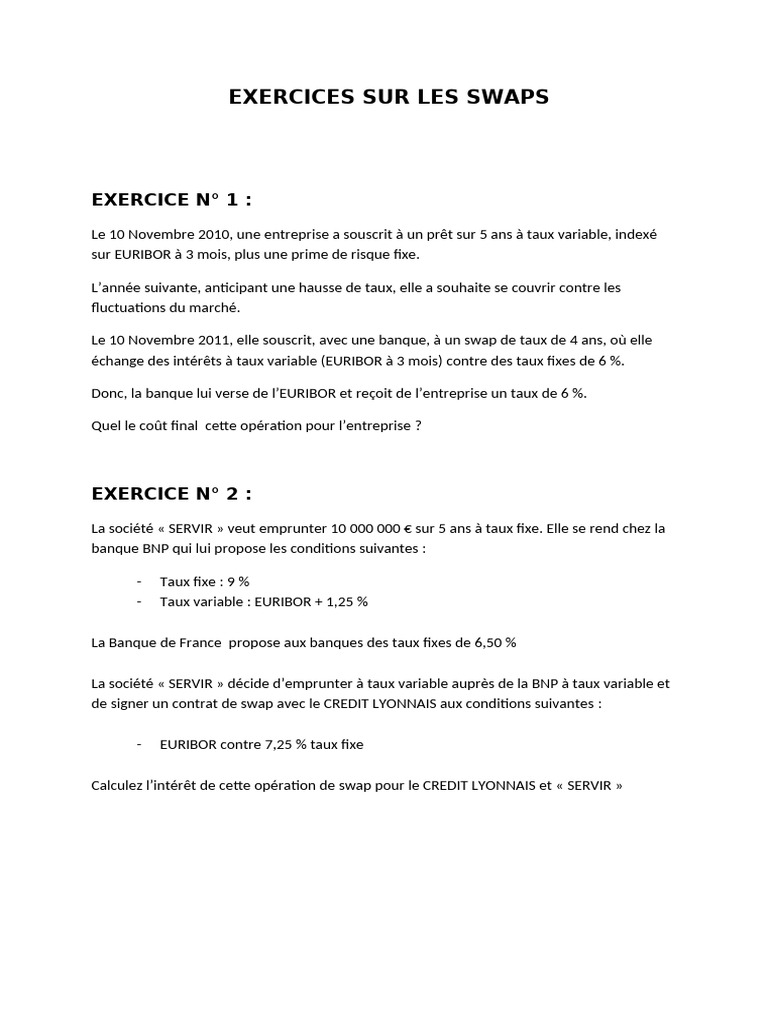 Exercices pratiques sur les swaps financiers | PDF | Swap (Finance ...