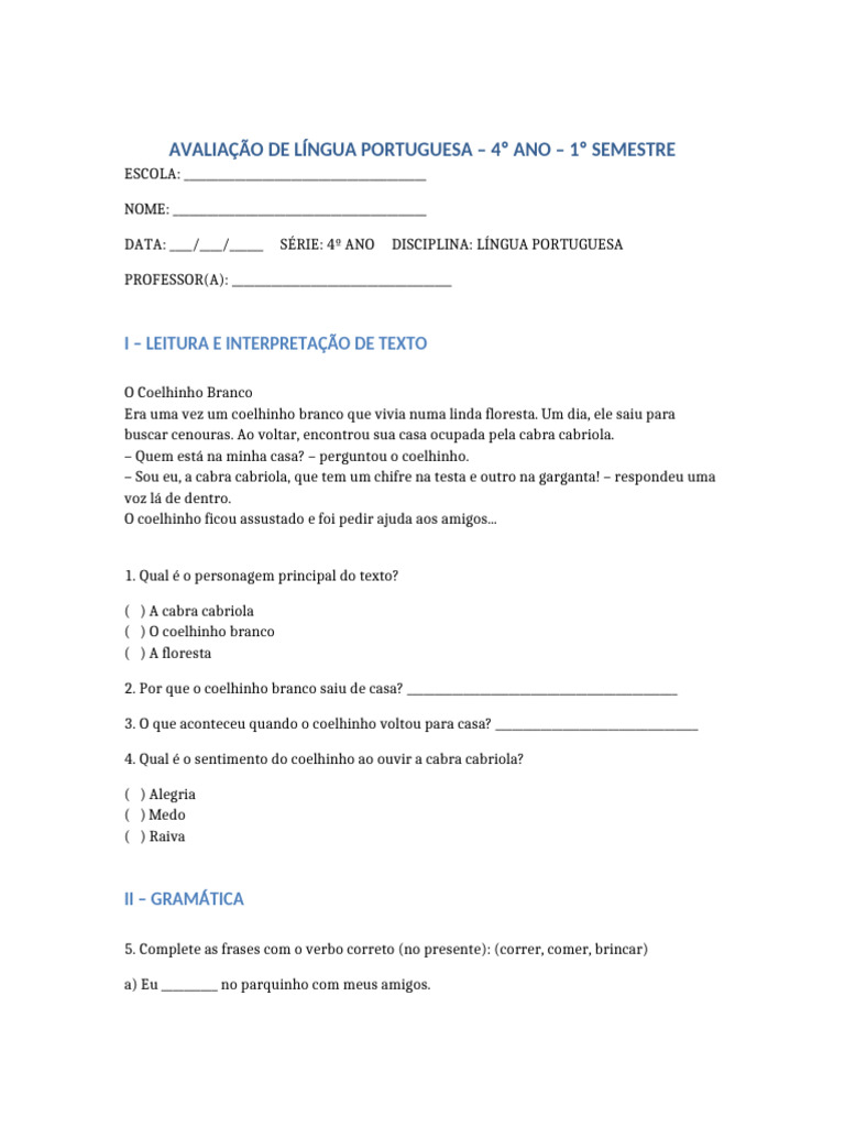 Avaliação de Língua Portuguesa 4º Ano | PDF