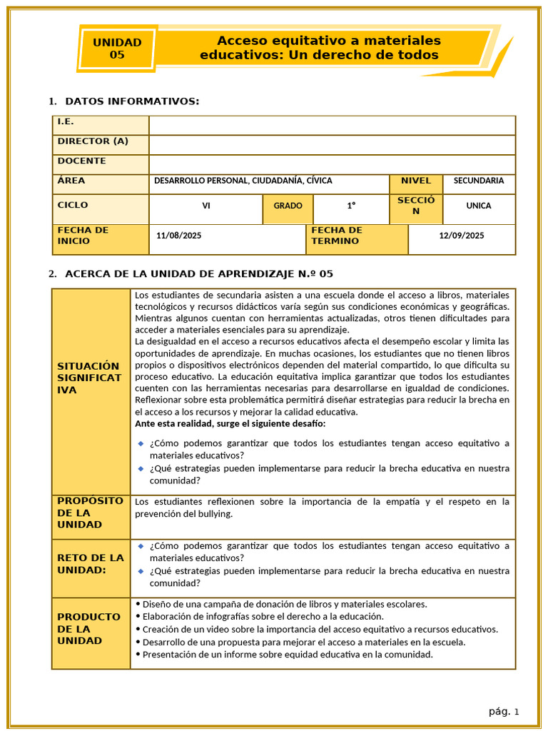 1° Sec. Unidad 05 DPCC - 2025 | PDF | Aprendizaje | Información