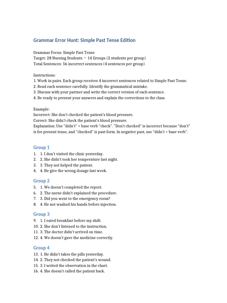 Grammar Error Hunt Past Tense Edition | PDF | Health Care | Medicine