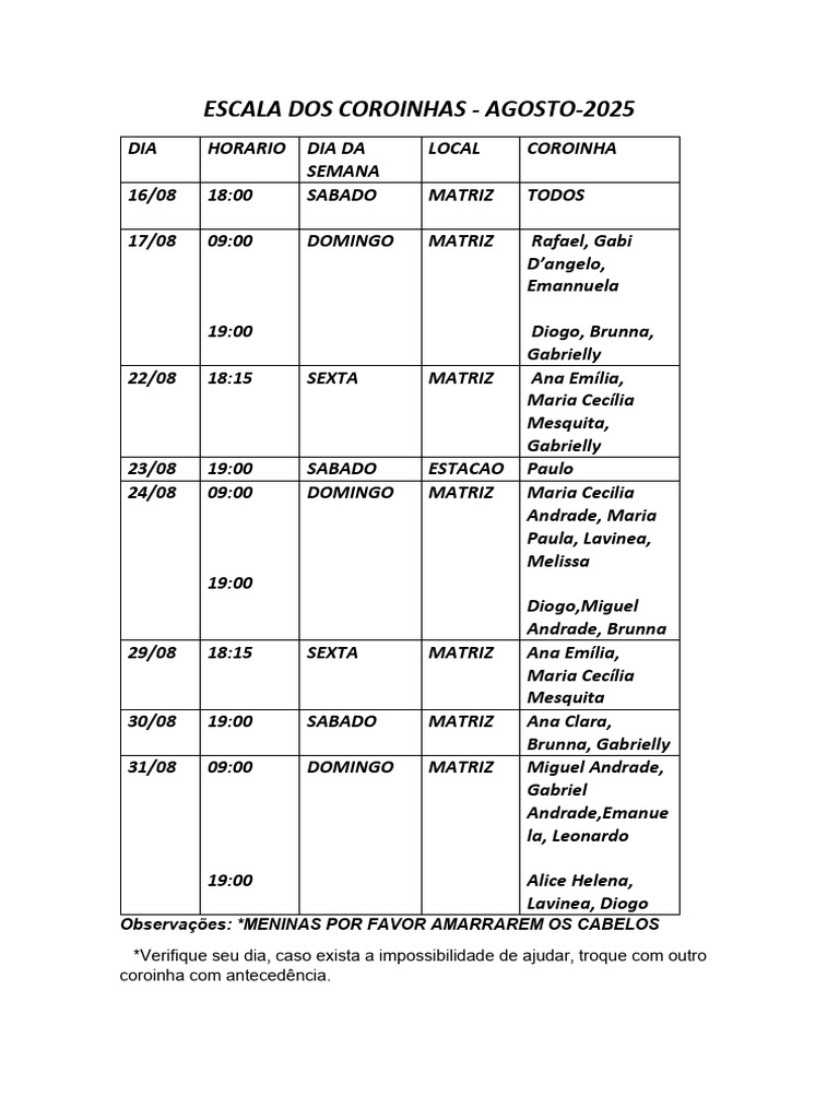 Escala Coroinhas Agosto 2025 | PDF