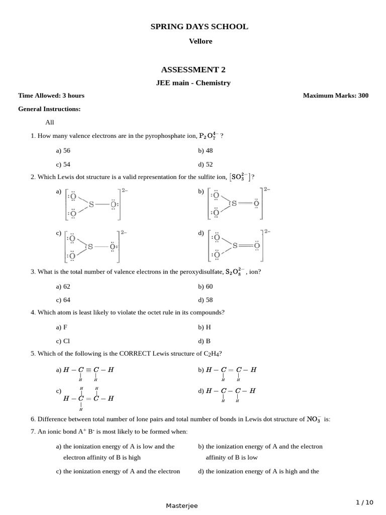 JEE Chemistry Assessment: Bonding Concepts | PDF | Chemical Polarity ...
