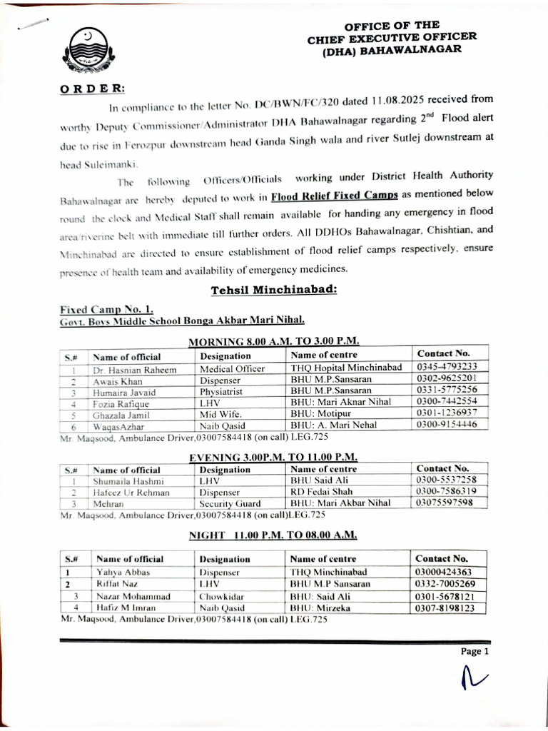 Flood Relief Fixed Camps Duty Roster, DHA Bahawalnagar | PDF