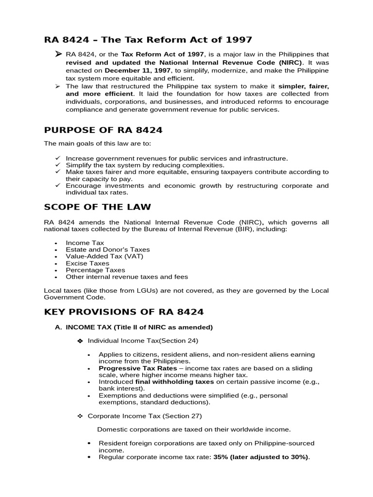 Tax Reform Act of 1997 R.A 8424 | PDF | Taxes | Value Added Tax
