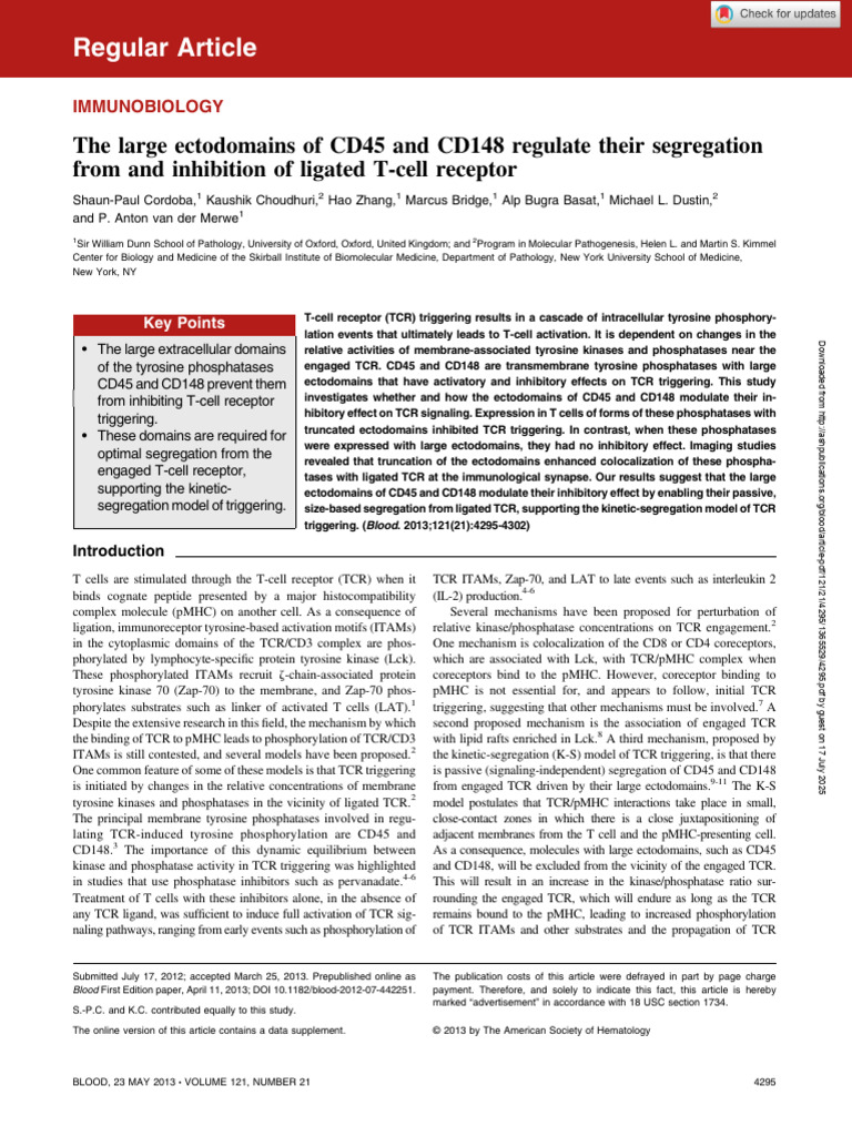 2013-05 BLOOD The Large Ectodomains of CD45 and CD148 Regulate Their ...