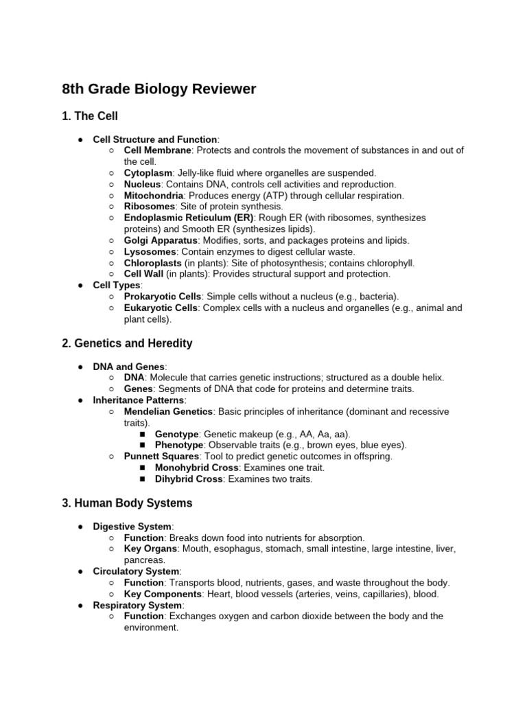 8th Grade Biology Study Guide | PDF | Cell (Biology) | Endoplasmic ...