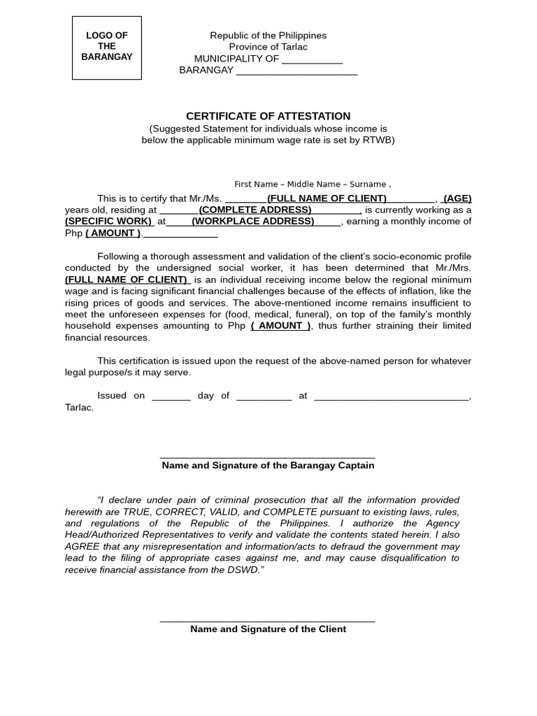 Barangay Certificate of Attestation | PDF