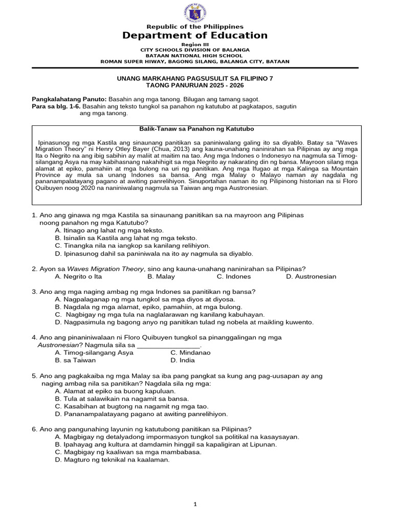 Markahang Pagsusulit-Fil7-Q1 | PDF