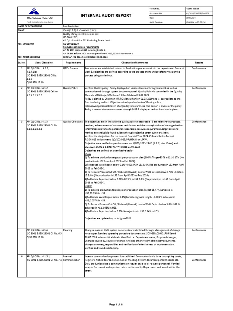 Internal Audit Report for QMS Compliance | PDF | Audit | Quality ...