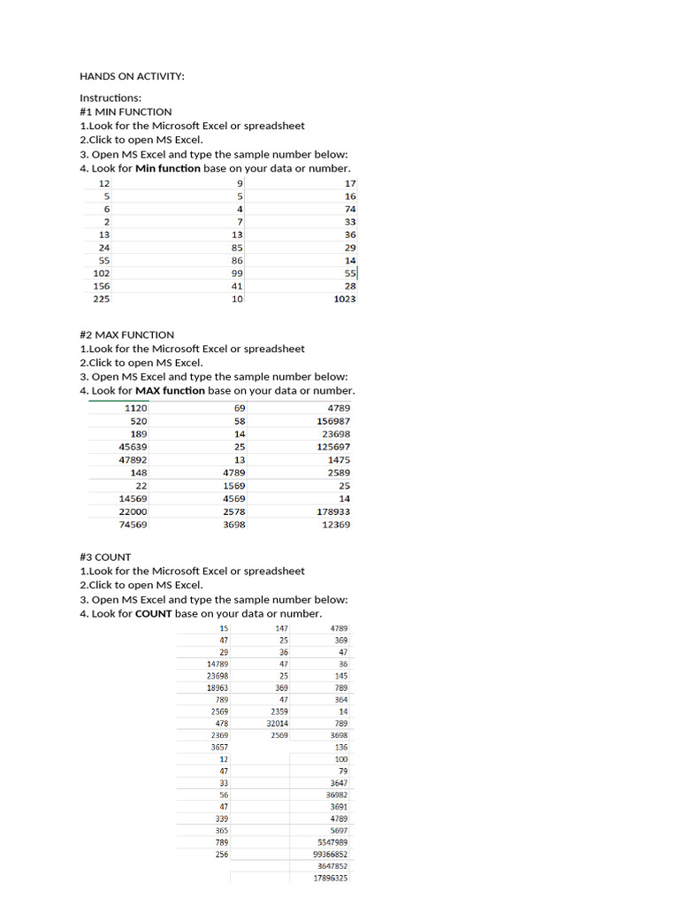 Excel Functions: MIN, MAX, COUNT Guide | PDF