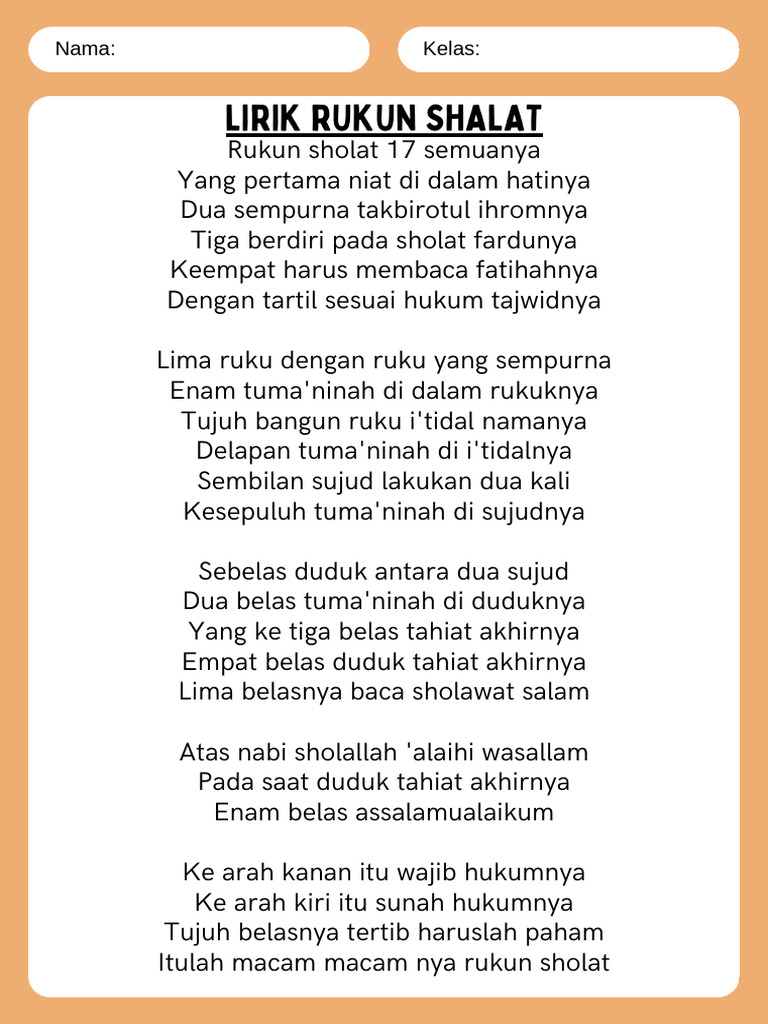 Lirik Rukun Sholat 17 Semua Aspek | PDF
