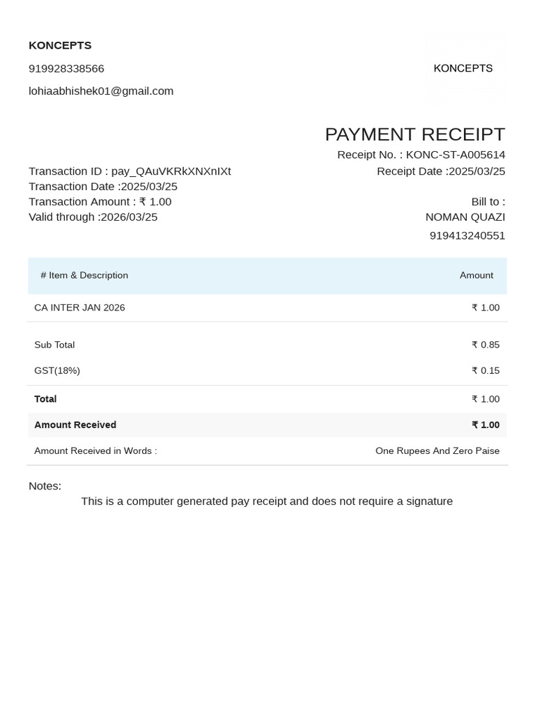 Payment Receipt for CA Inter Jan 2026 | PDF