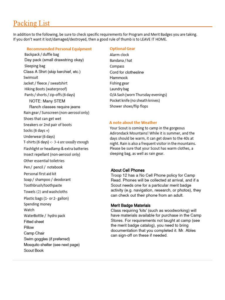 Essential Packing List for Scout Camp | PDF | Clothing | Fashion
