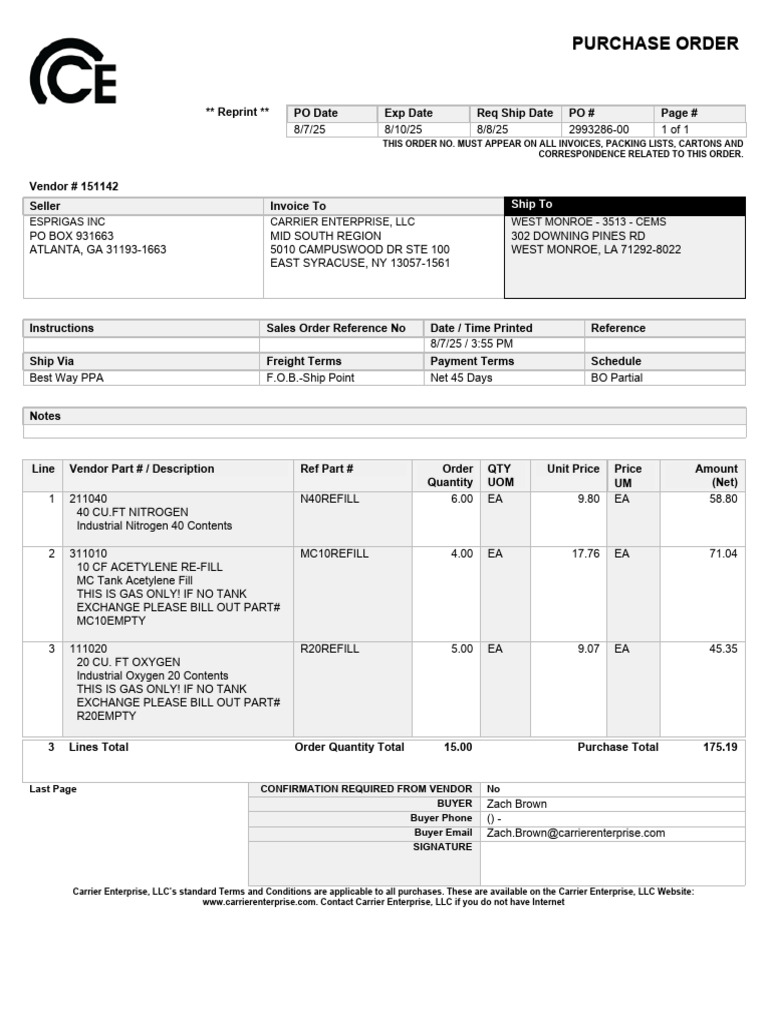 Purchase Order for Industrial Gases | PDF