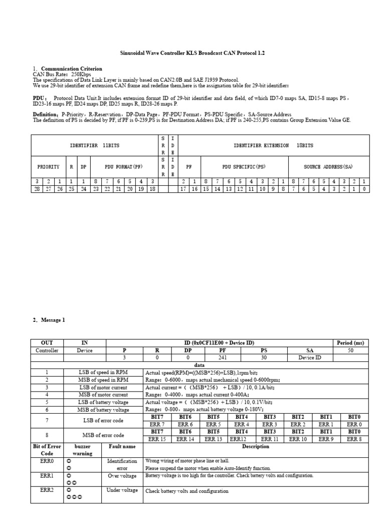 KLS Broadcast CAN Protocol Overview | PDF | Throttle | Voltage