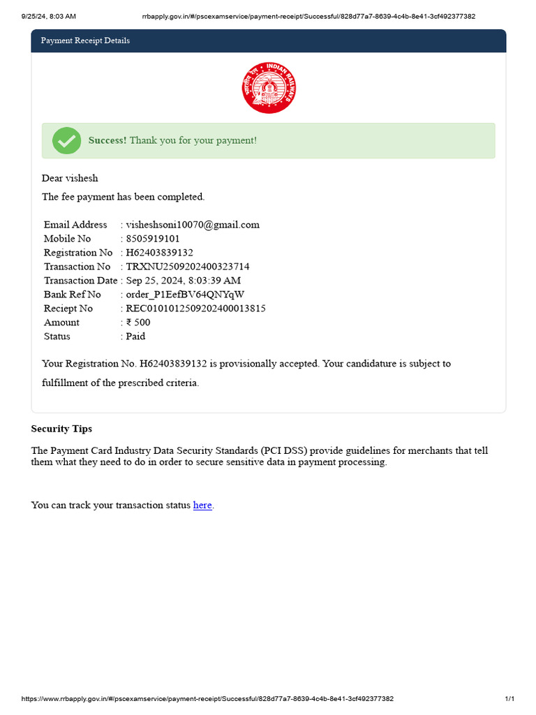 Railway Payment Receipt Confirmation | PDF