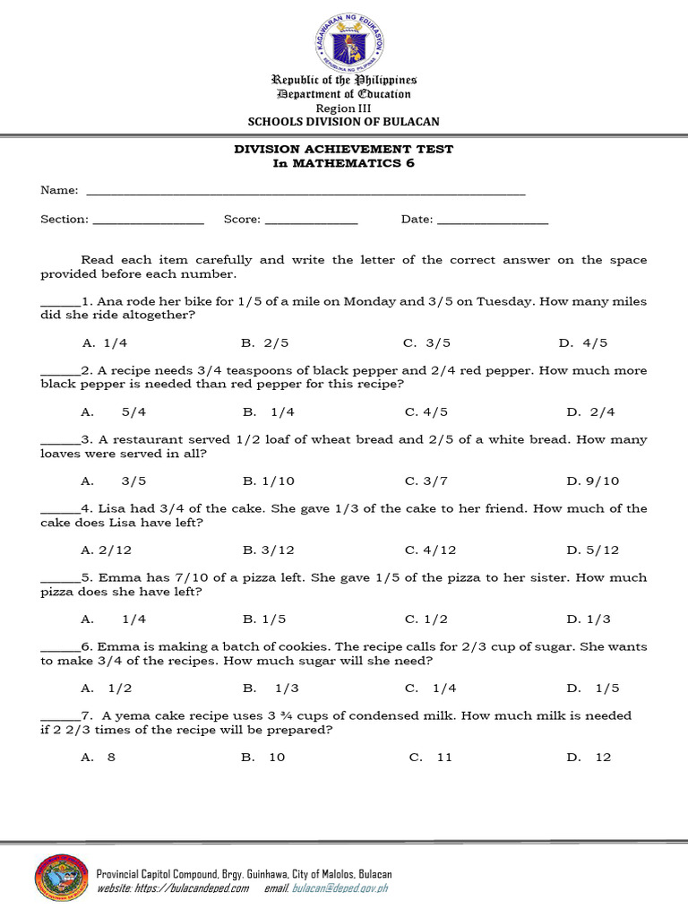 Division Achievement Test in Mathematics 6 | PDF | Sphere | Length