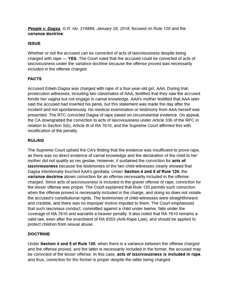 Dagsa Case: Variance Doctrine in Sexual Offense | PDF | Testimony | Rape