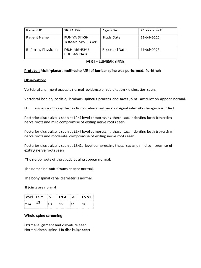 MRI Report: Lumbar Spine Findings | PDF