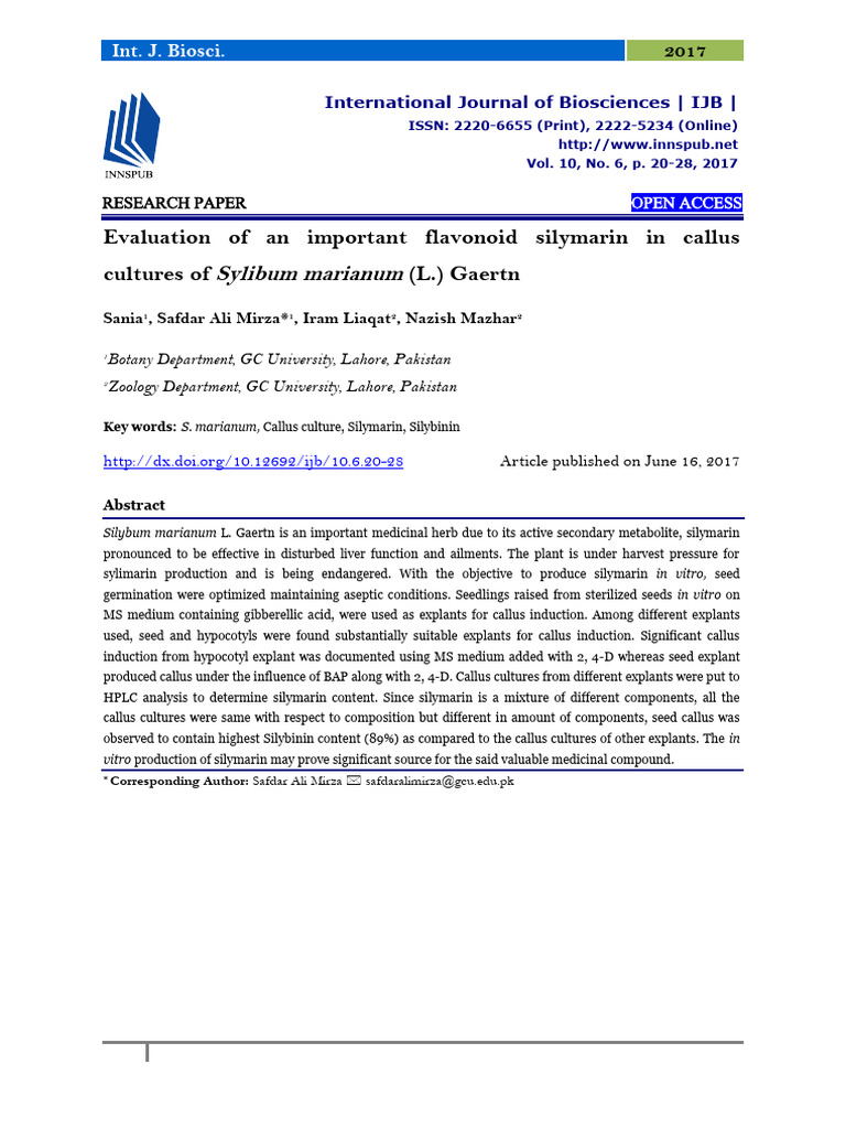 Evaluation of An Important Flavonoid Silymarin in Callus Cultures of ...