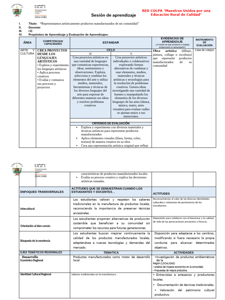 Sesion de Arte y Cultura - 093831 | PDF | Evaluación | Aprendizaje