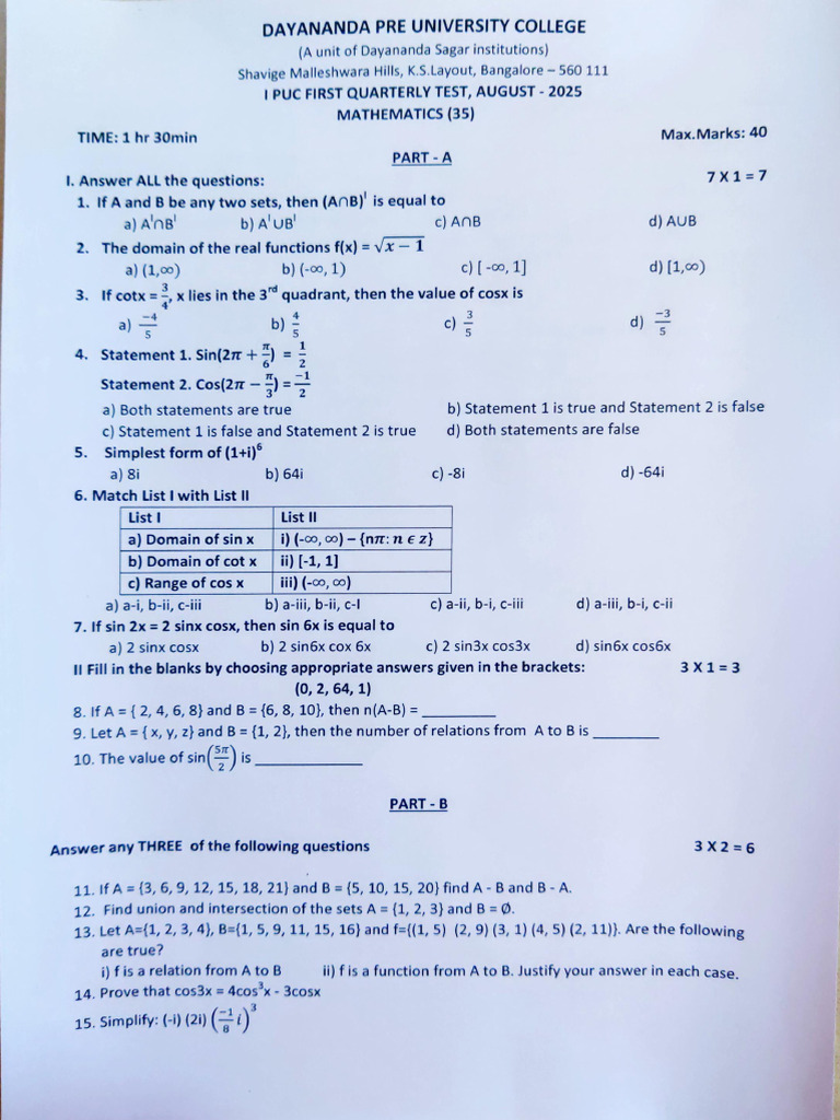 1st PU Mathematics 1st Quarterly Test Scheme of Valuation 2025 | PDF