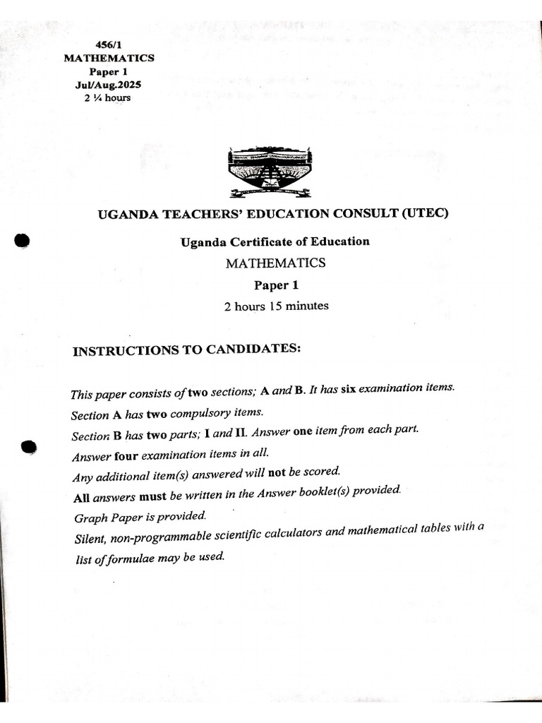 S.4 Mathematics UTEC Mocks 2025 | PDF