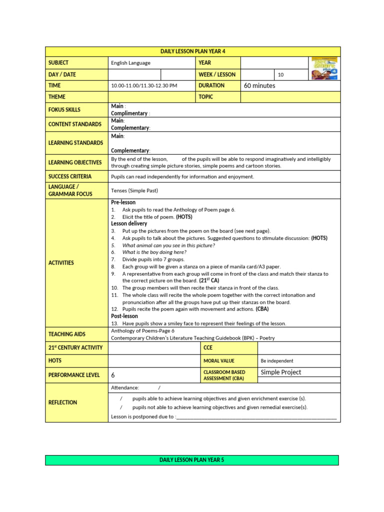 Year 4 & 5 English Lesson Plans | PDF | Lesson Plan | Poetry