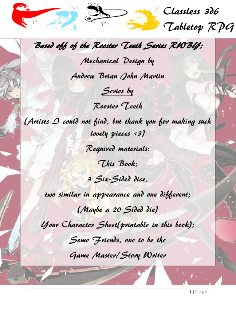 RWBY Classless 3d6 RPG Guide | PDF | Entertainment | Role Playing Games