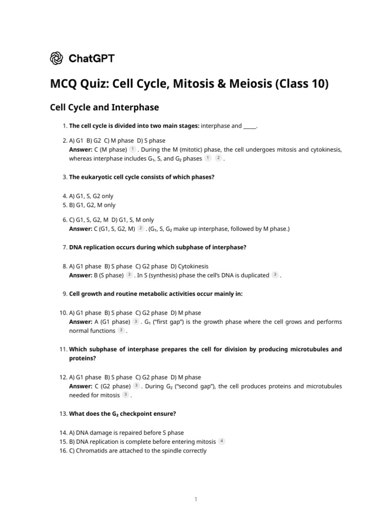 MCQ Quiz - Cell Cycle, Mitosis & Meiosis (Class 10) | PDF | Mitosis ...