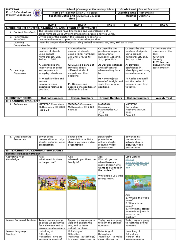 Grade 1 Math Weekly Lesson Plan | PDF | Curriculum | Costume