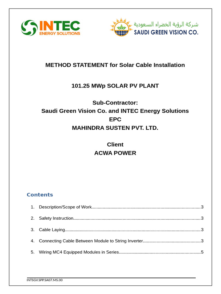 Solar Cable Installation Method Statement | PDF | Electrical Connector ...
