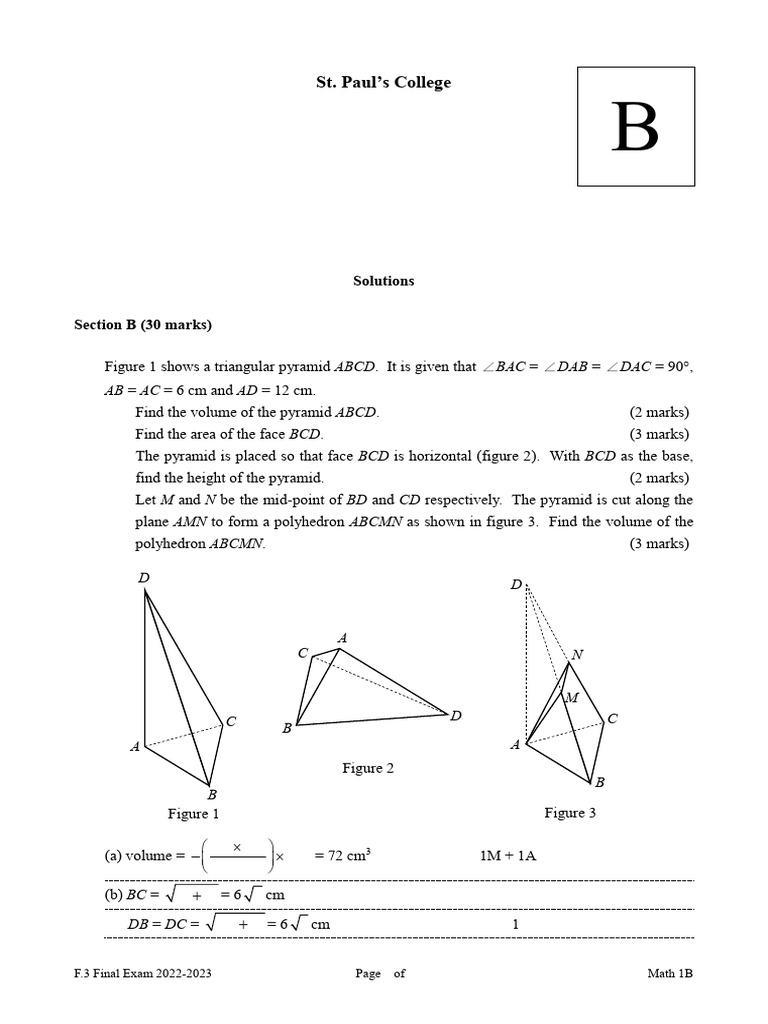 F.3 Math Exam Solutions 2022-2023 | PDF | Volume | Geometric Shapes