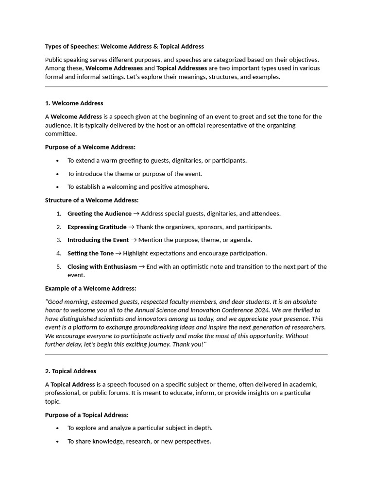 Types of Speeches: Welcome & Topical Addresses | PDF | Artificial ...