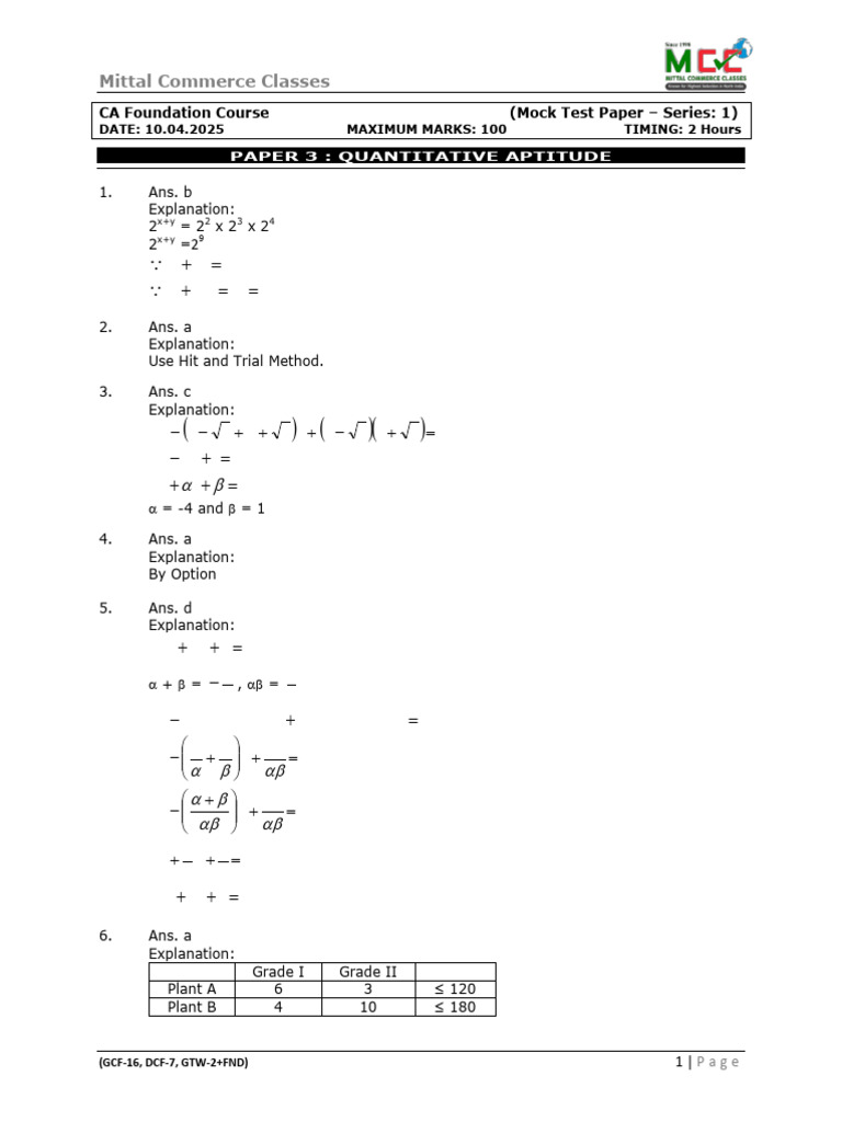 CA Foundation Mock Test: Quantitative Aptitude | PDF | Chess Theory | Chess