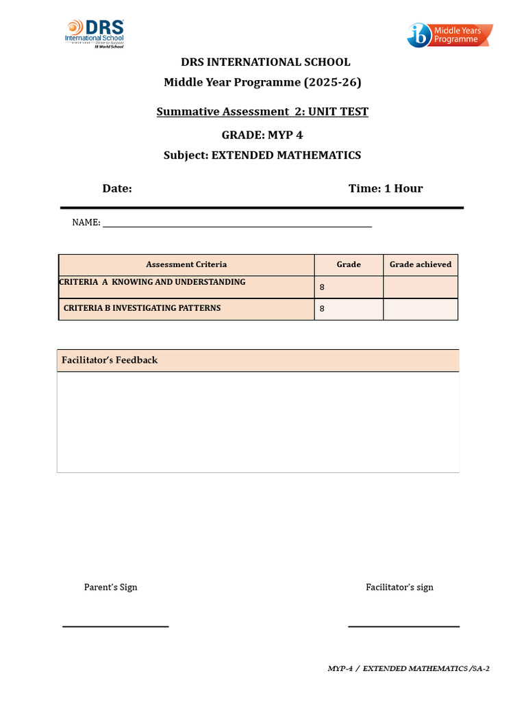 MYP 4 Extended Mathematics Assessment | PDF | Mathematics | Numbers
