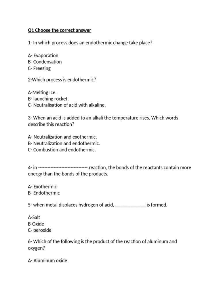 Endothermic and Exothermic Reactions Quiz | PDF