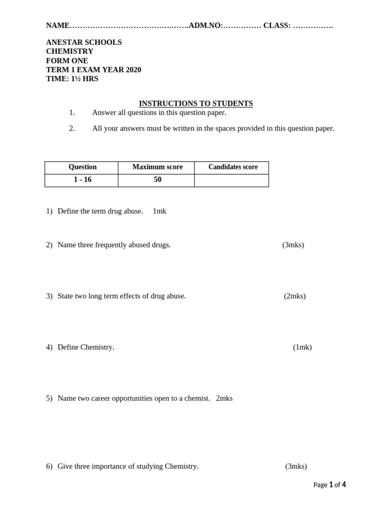 Form One Chemistry Term 1 Exam 2020 | PDF | Chemistry | Chemical Substances
