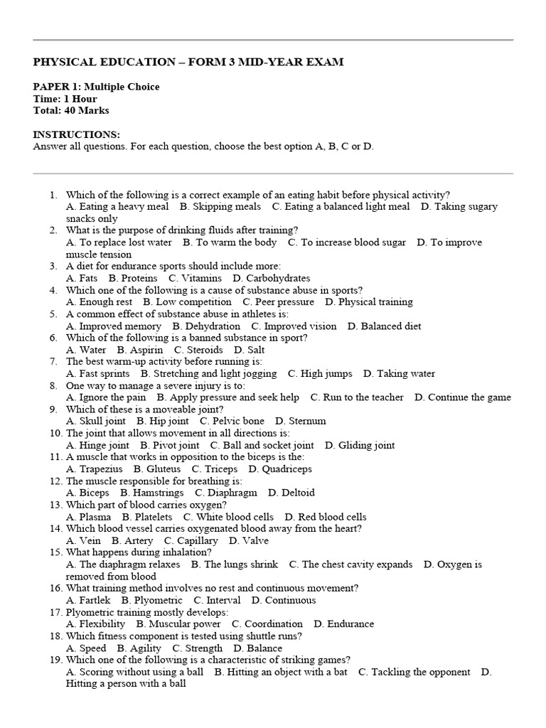 Form 3 Physical Education Exam Paper | PDF | Blood | Gymnastics