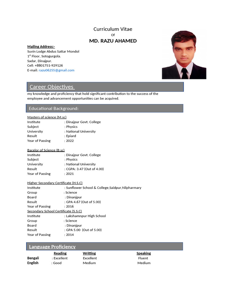 CV of MD. Razu Ahamed - Physics Graduate | PDF