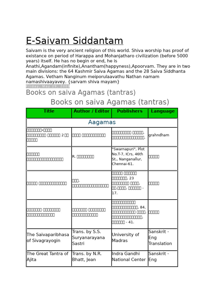 E-Saivam Siddantam: Books On Saiva Agamas (Tantras) | PDF