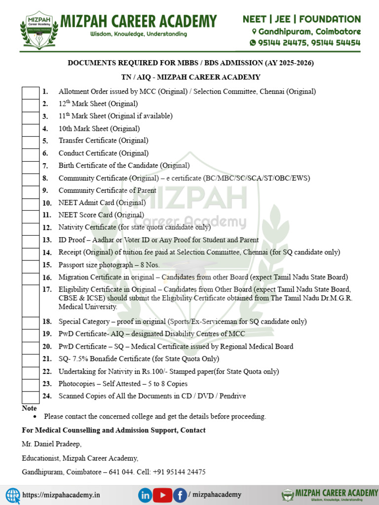 MBBS Admission Document Checklist 2025-26 | PDF